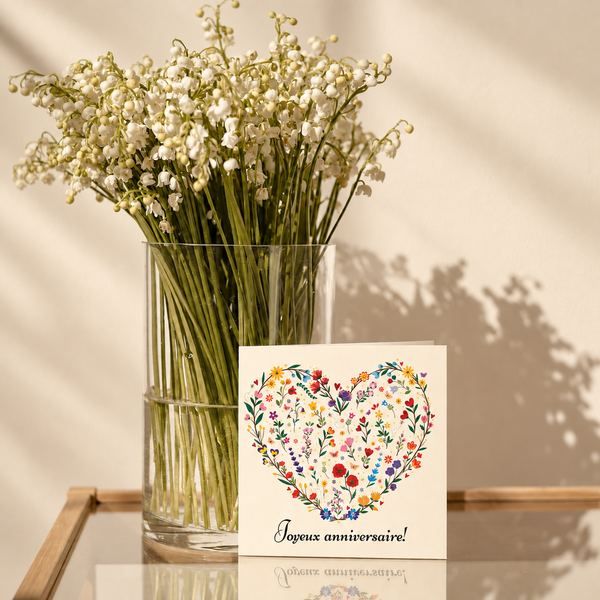 Grußkarte „Joyeux anniversaire!“ mit Blumenherz neben einer Vase mit Maiglöckchen