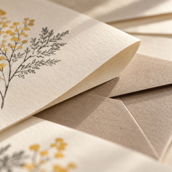 Detail: Karte mit gelb-grauer Pflanzenzeichnung auf strukturiertem Papier und taupefarbenes Kuvert