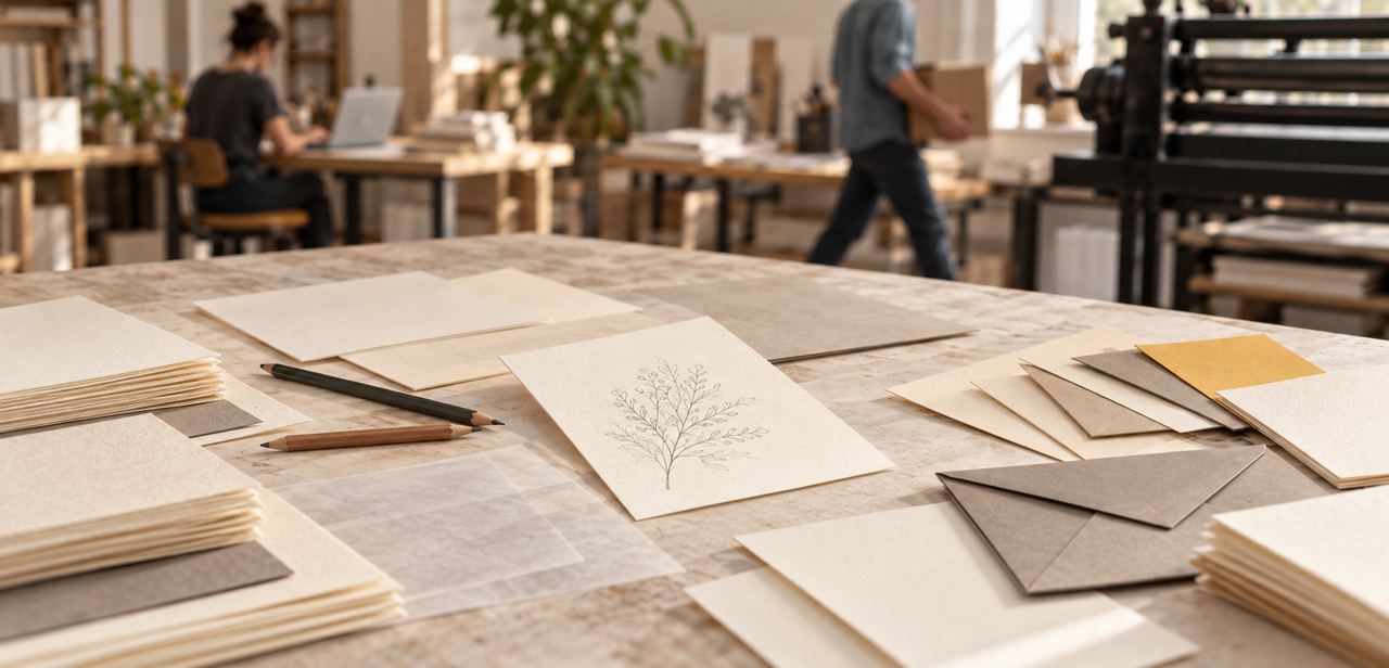 Werktisch mit Papierstapeln, Karten mit Pflanzenzeichnung und Kuverts in Creme, Taupe und Gelb; im Hintergrund ein Atelier mit Druckpresse