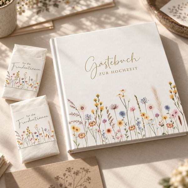 Gästebuch „Gästebuch zur Hochzeit“ mit Wiesenblumen und passende Taschentuchbanderolen „für die Freudentränen“